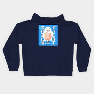 Trick or Treat Ghosty with Pumpkin Pail on Blue Background Kids Hoodie